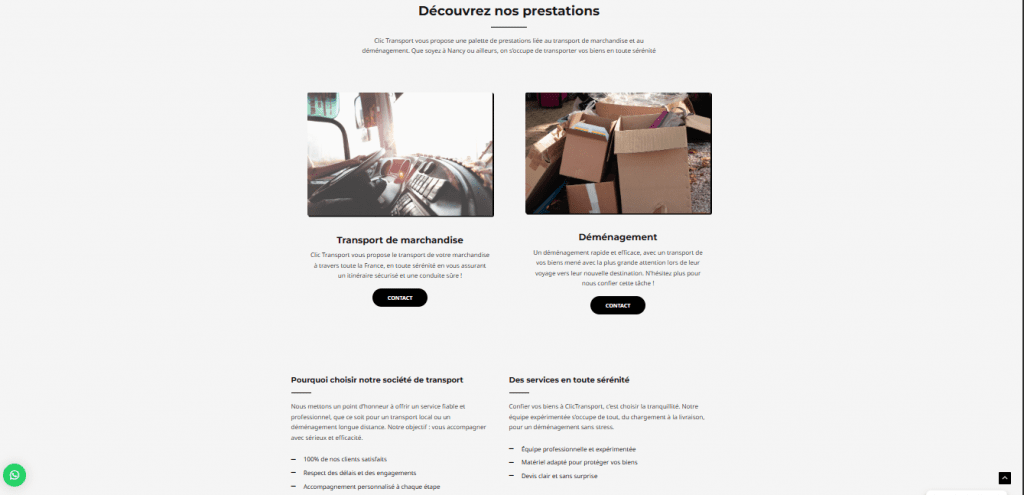 Refonte de la page Prestations du site ClicTransport par un webdesigner à Nancy – optimisation SEO et design UX/UI